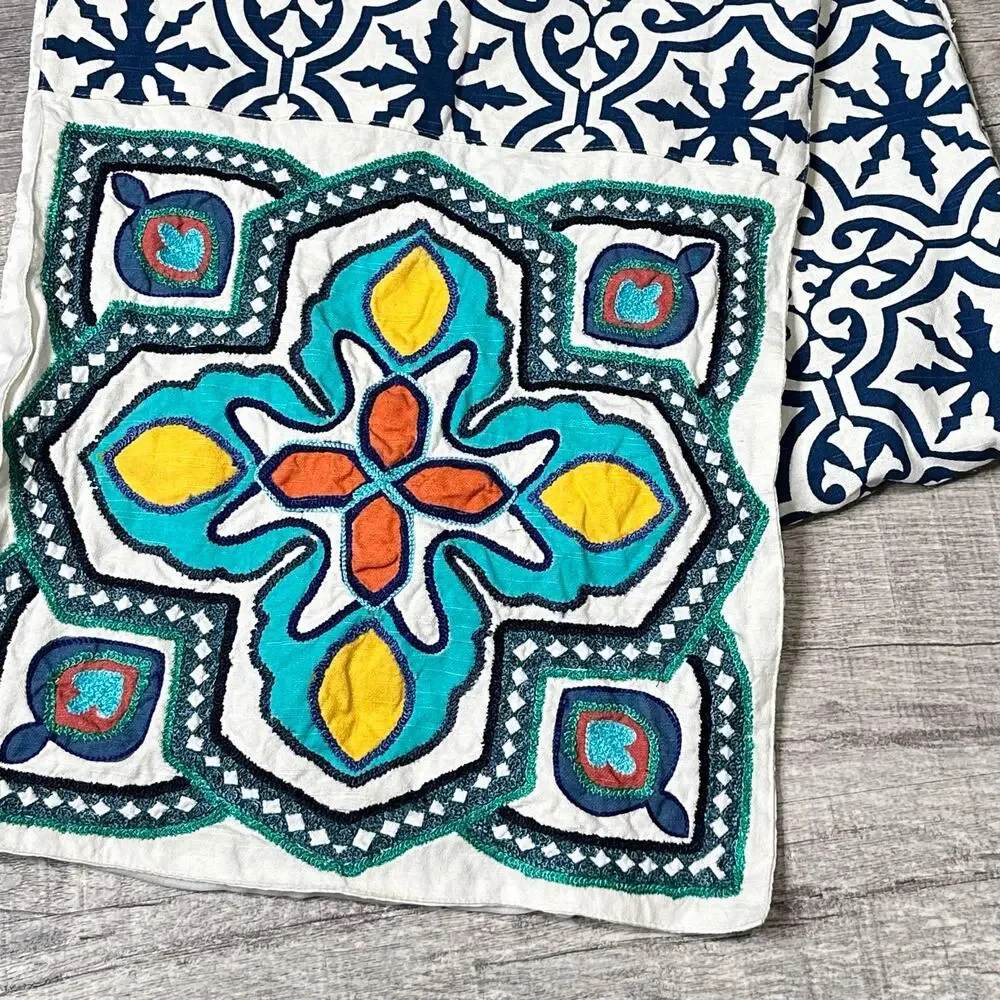 Pier 1 Bright Geometric Winter Table Runner 13” X 70” White Blue Snowflake Decor